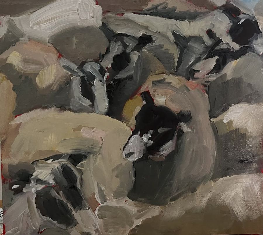Oil painting of sheep and lamb