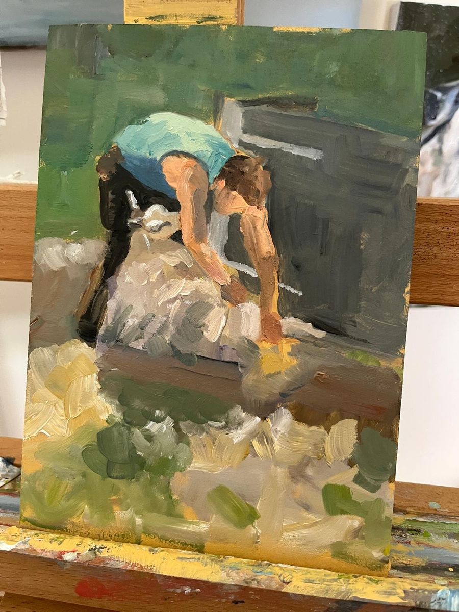 Oil painting of a person shearing a sheep