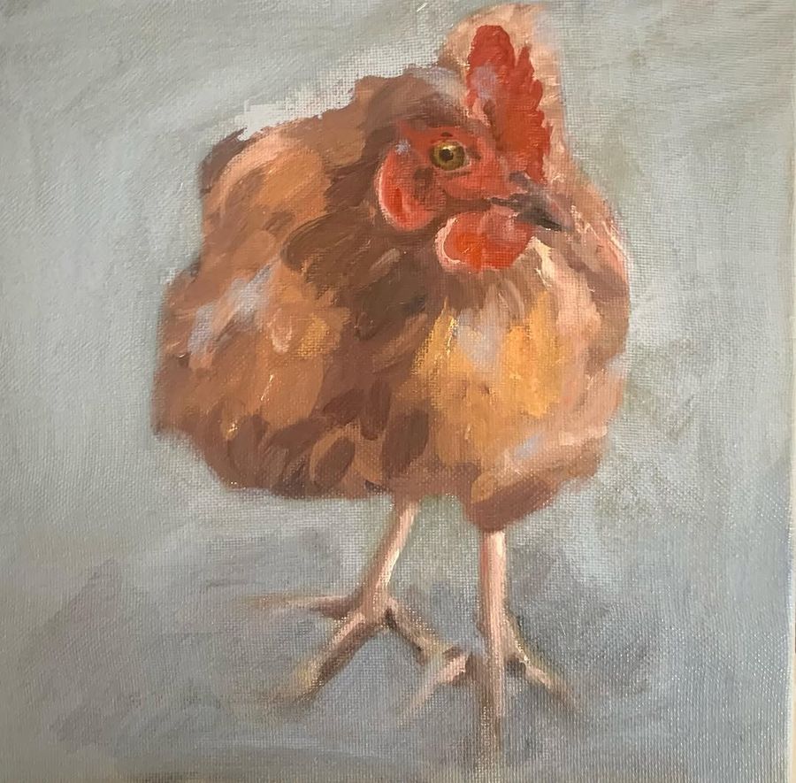 Oil painting of Wobbles the chicken